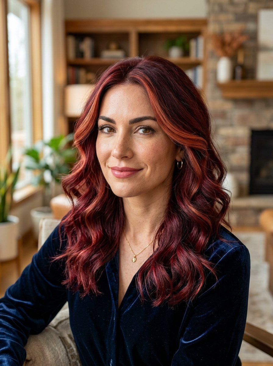 Portrait of a woman with highlighted red hair and a navy blue velvet top, sitting in a cozy living room.