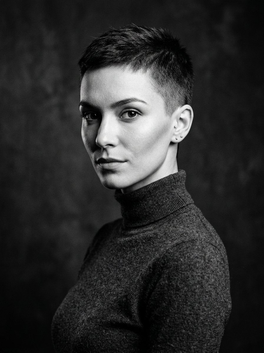 Close-up portrait of a woman wearing a turtleneck with a buzz cut hairstyle against a dark textured background.