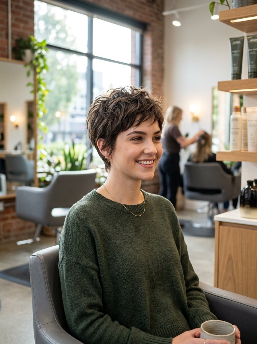 A woman with short, wavy brunette hair sitting in a salon chair holding a mug, with a stylist working in the background.