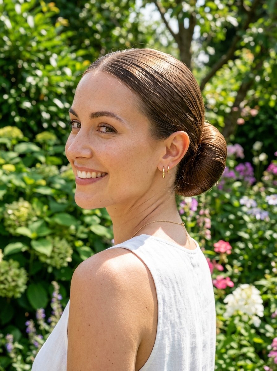 Side profile of a woman with dark hair in a tight low bun wearing gold hoop earrings in a flower garden.