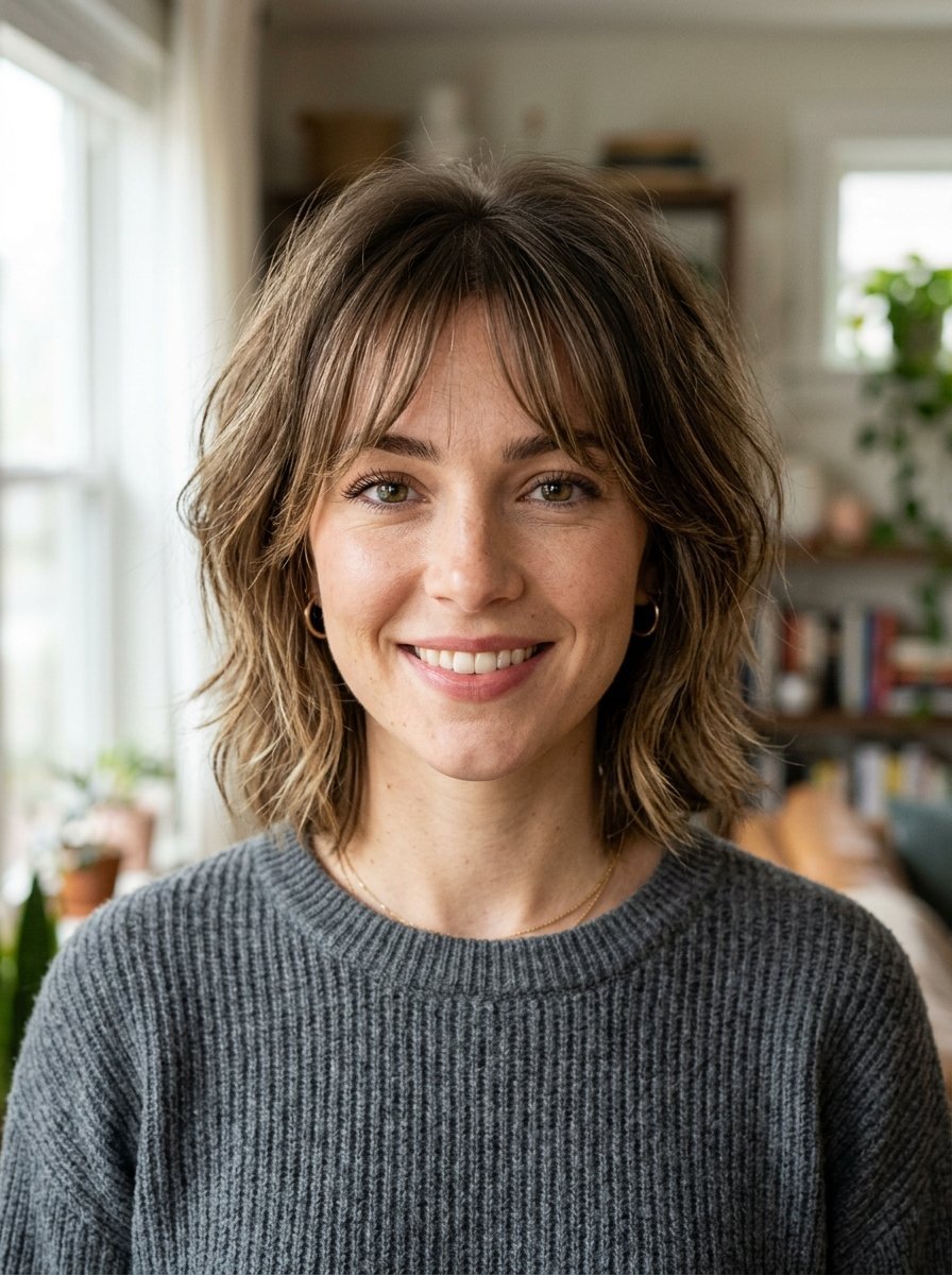 Close-up portrait of a woman wearing a grey sweater with a trendy shaggy bob hairstyle.