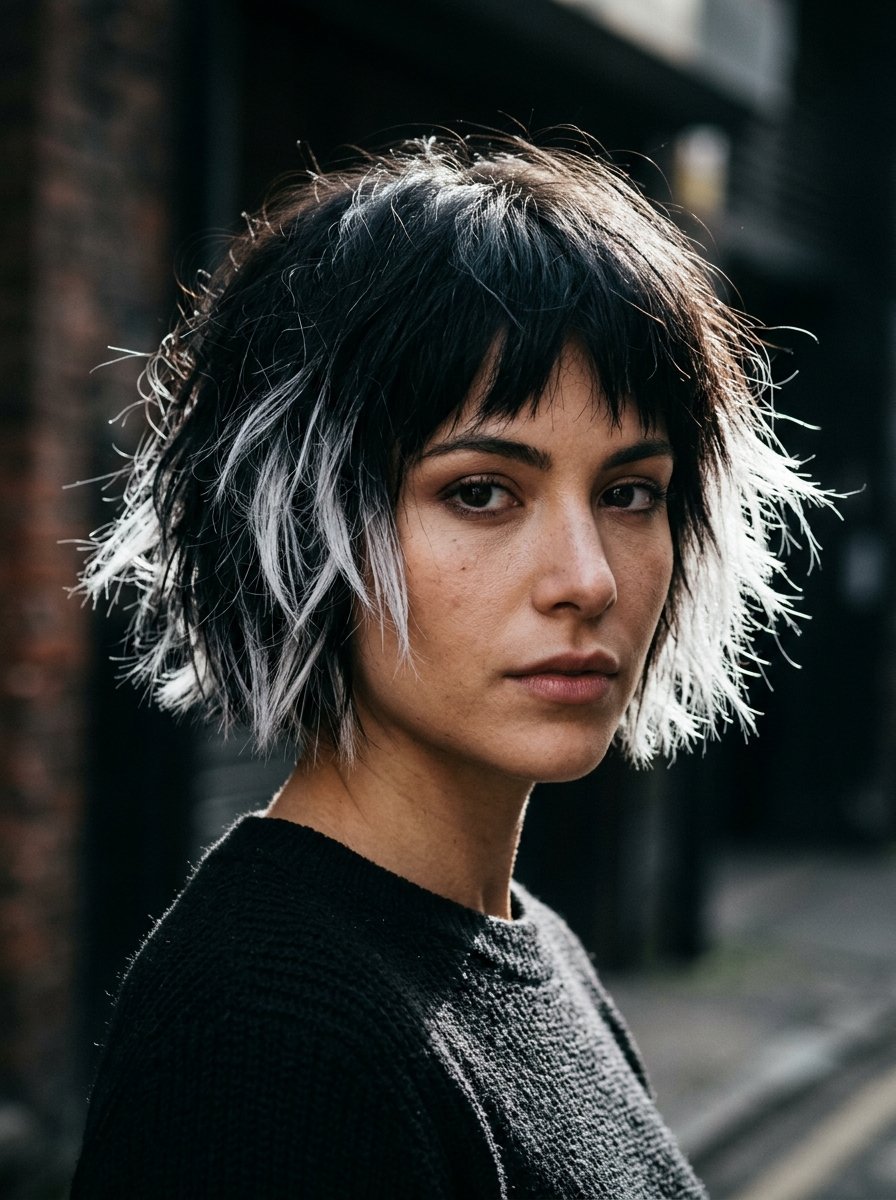 Portrait of a woman with choppy dark hair and bright white streaks posing outdoors.