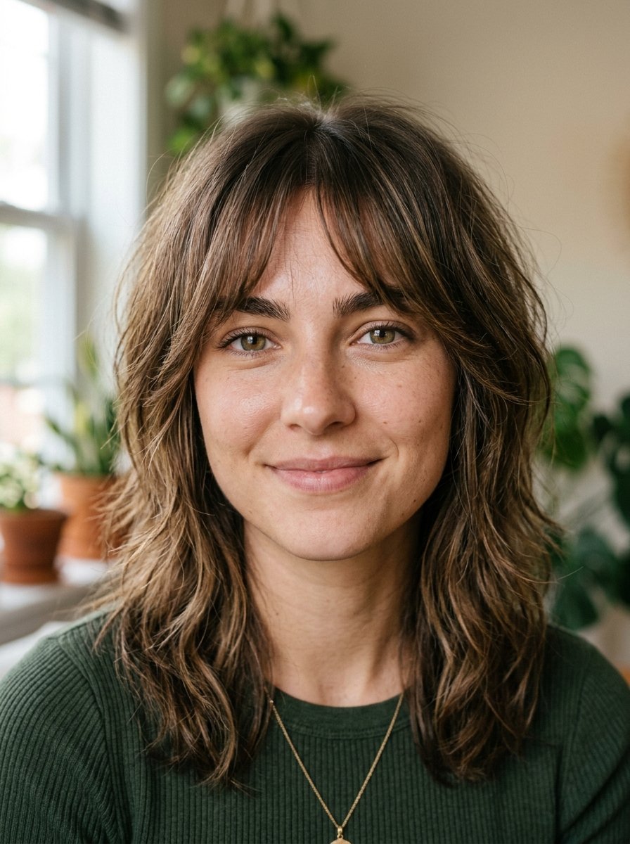 Portrait of a young woman with a brown shag haircut, curtain bangs, and wearing a ribbed green shirt.