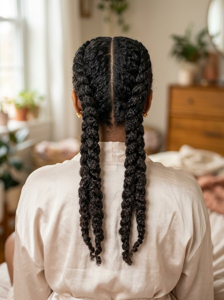 Rear view of a person with textured black hair styled in two long, thick braids hanging down their back.