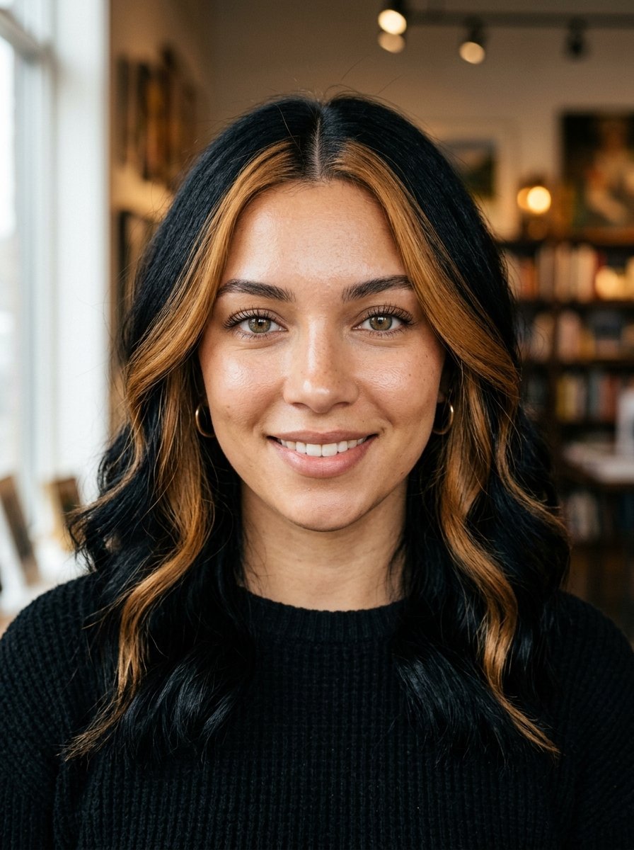 Portrait of a woman wearing a black sweater with prominent caramel-colored money piece highlights in her dark hair.