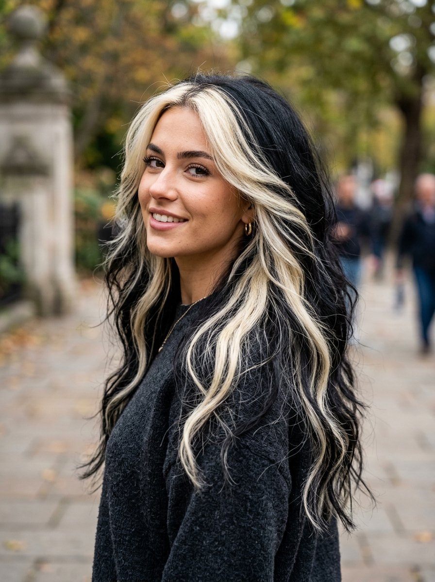 Portrait of a smiling woman outdoors wearing a dark sweater with contrasting blonde money piece highlights.