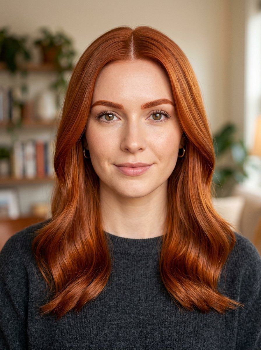 Portrait of a woman with long red hair wearing a dark grey sweater in a bright room.