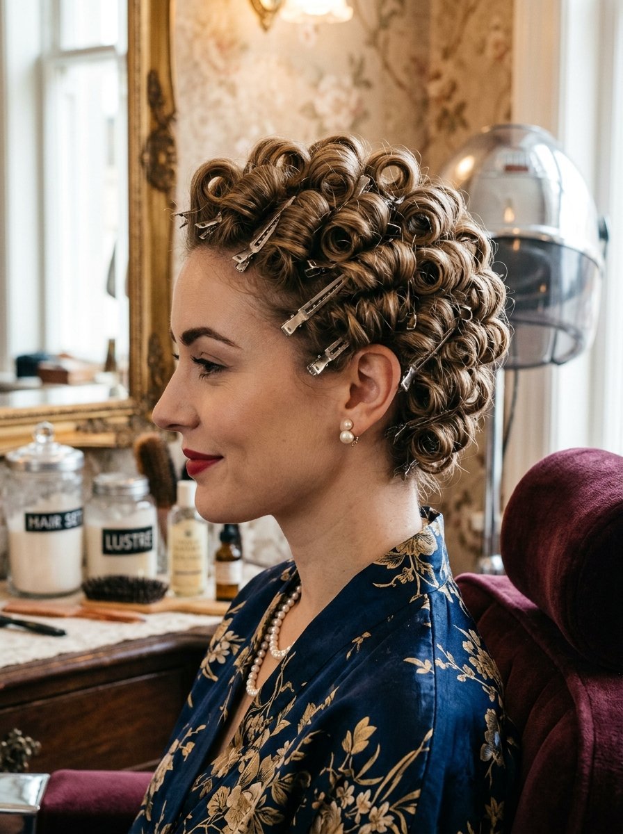 Side profile of a woman with brown hair set in pin curls with metal clips, wearing a floral navy robe.
