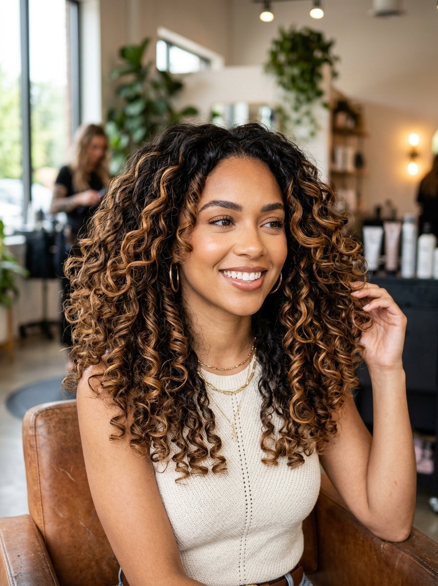 Portrait of a smiling woman in a salon chair with voluminous, curly hair featuring warm golden highlights.