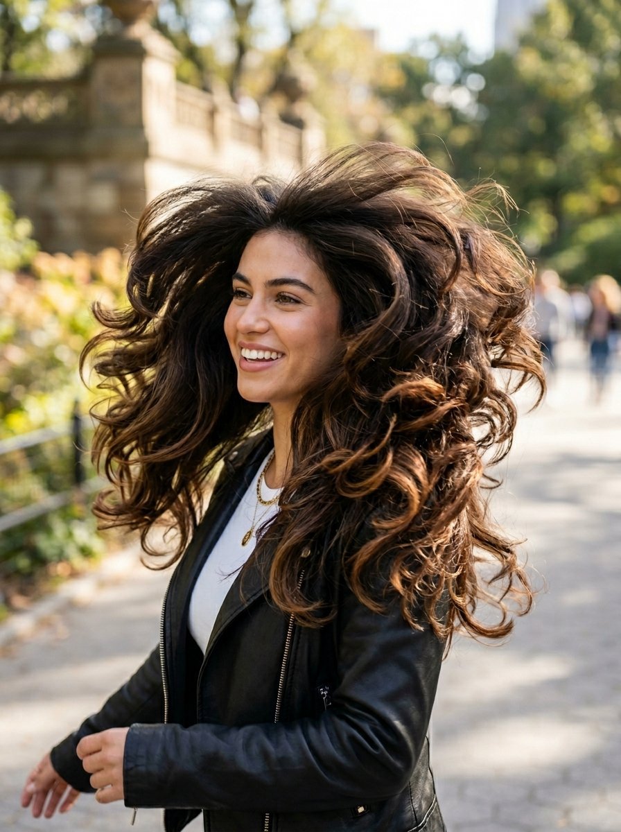 A joyful woman with voluminous, windblown brown hair wearing a black leather jacket in a park setting.