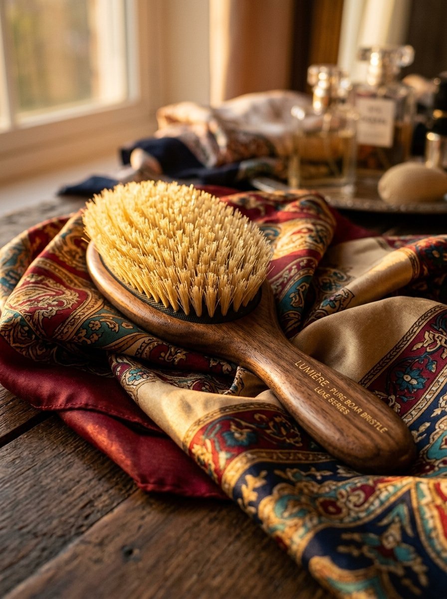 A wooden hairbrush with firm natural bristles sitting on a red and gold paisley patterned fabric.