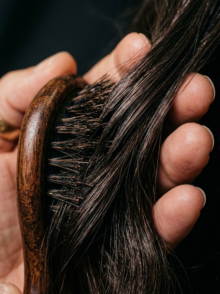 Close-up of fingers pulling a section of dark hair through the bristles of a wooden hairbrush.