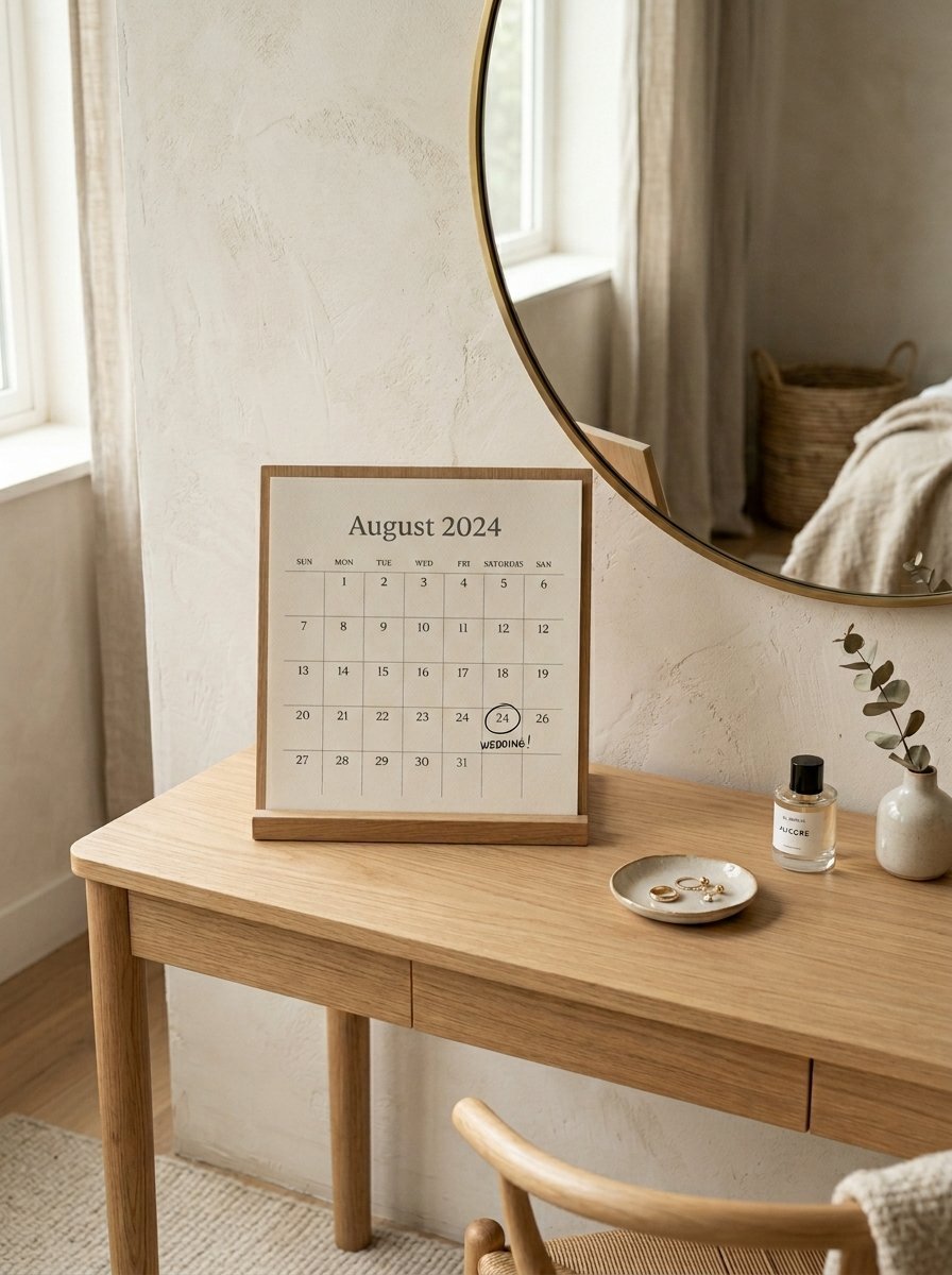 Wooden desk holding a calendar showing August 2024 with the 24th marked as a wedding date.