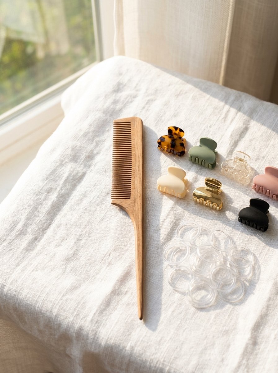 Wooden styling comb beside various small hair claws and clear elastic bands on a white fabric surface.