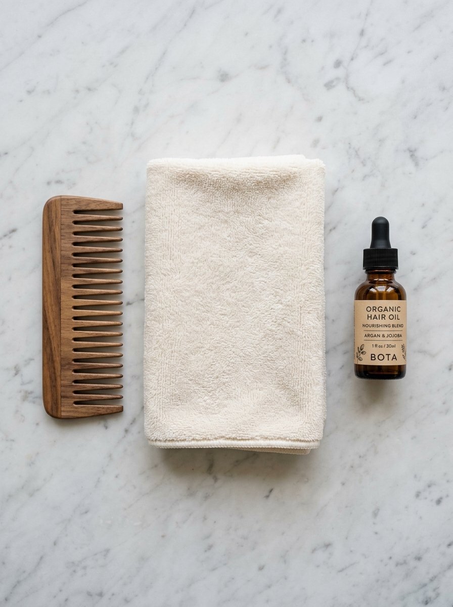A flat lay of a wooden hair comb, a folded white towel, and a bottle of Bota argan and jojoba hair oil.