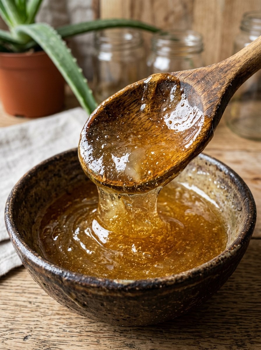 Close up of a wooden spoon dripping thick, translucent aloe vera gel into a ceramic bowl.
