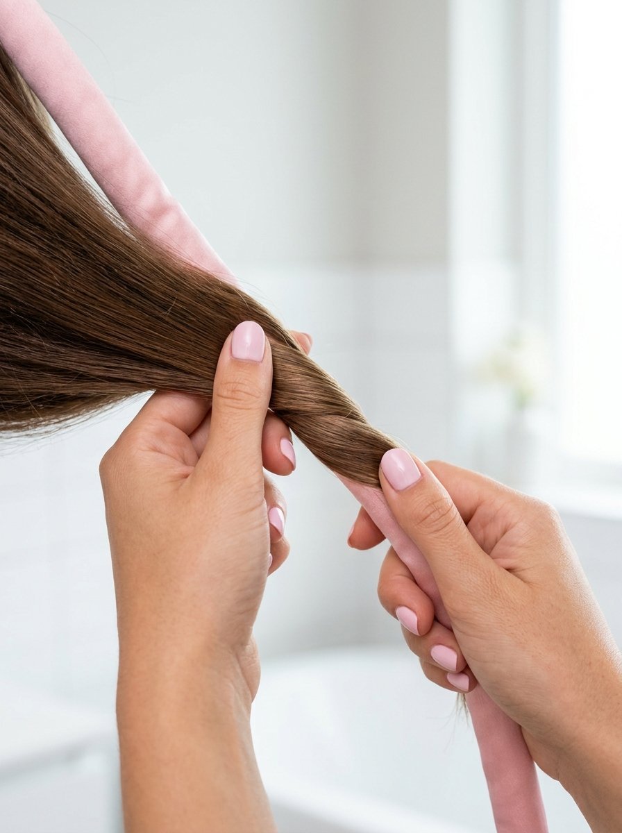 Close-up of hands with light pink nails wrapping brunette hair around a soft blush pink heatless curling rod.