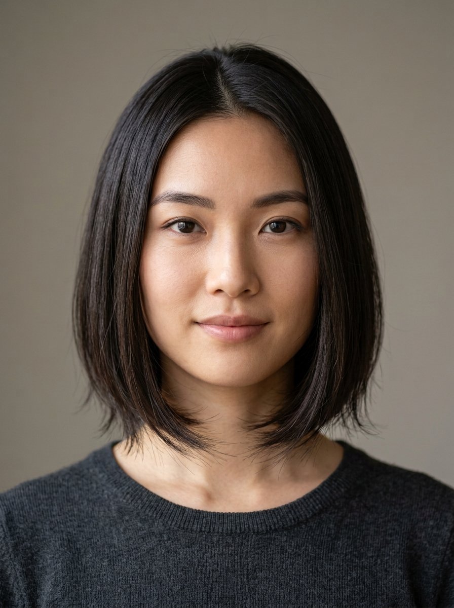 Close up portrait of a young East Asian woman with a dark chin-length bob and grey sweater.