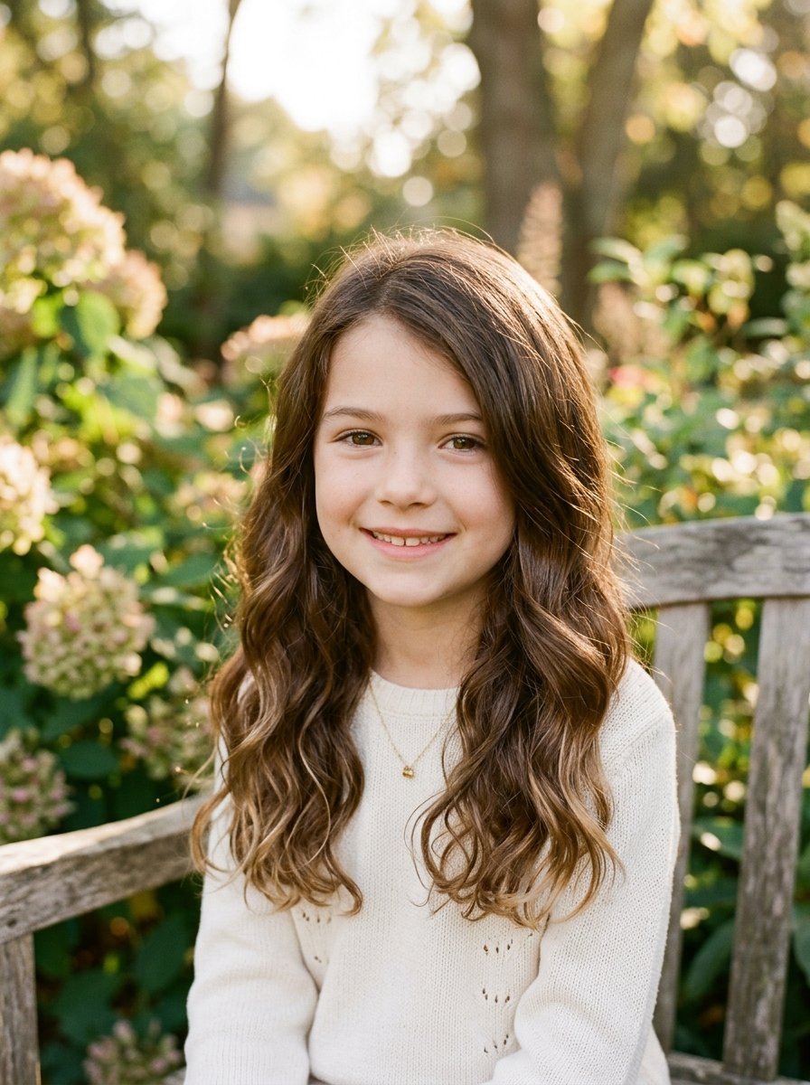 Young girl with long wavy hair sitting on a rustic wooden garden bench in front of green bushes.