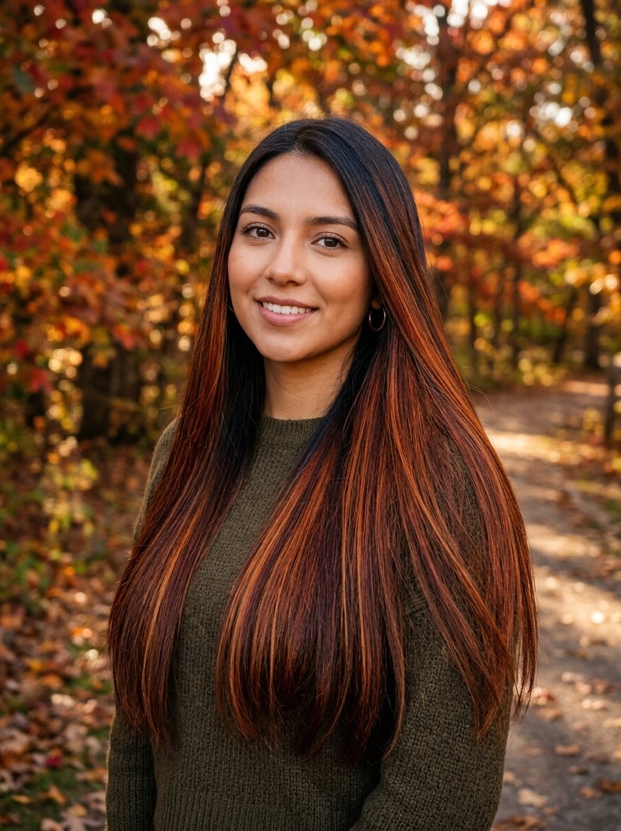 Portrait of a woman with long highlighted hair wearing an olive green sweater in a fall forest.