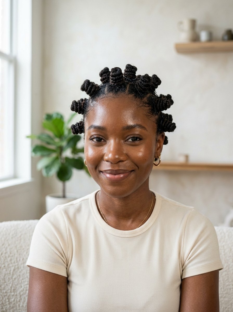 Portrait of a Black woman with hair styled in multiple small knots, wearing a beige crew-neck shirt.