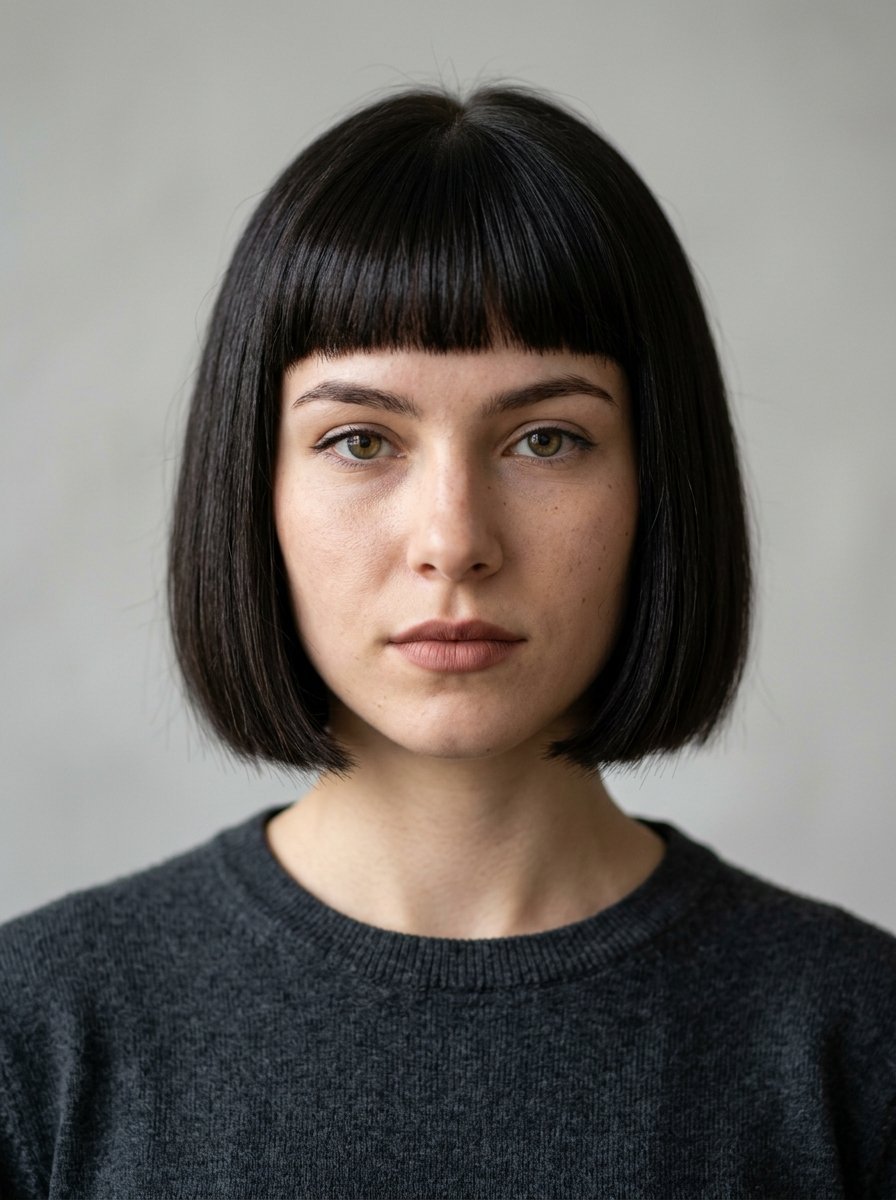 Portrait of a woman with short dark hair, straight bangs, and a grey sweater against a neutral background.