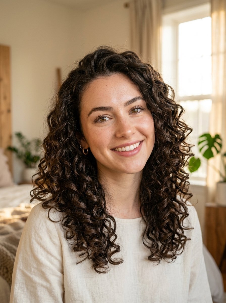 Close-up portrait of a cheerful woman with long dark curls, wearing a beige linen top in a bright bedroom.