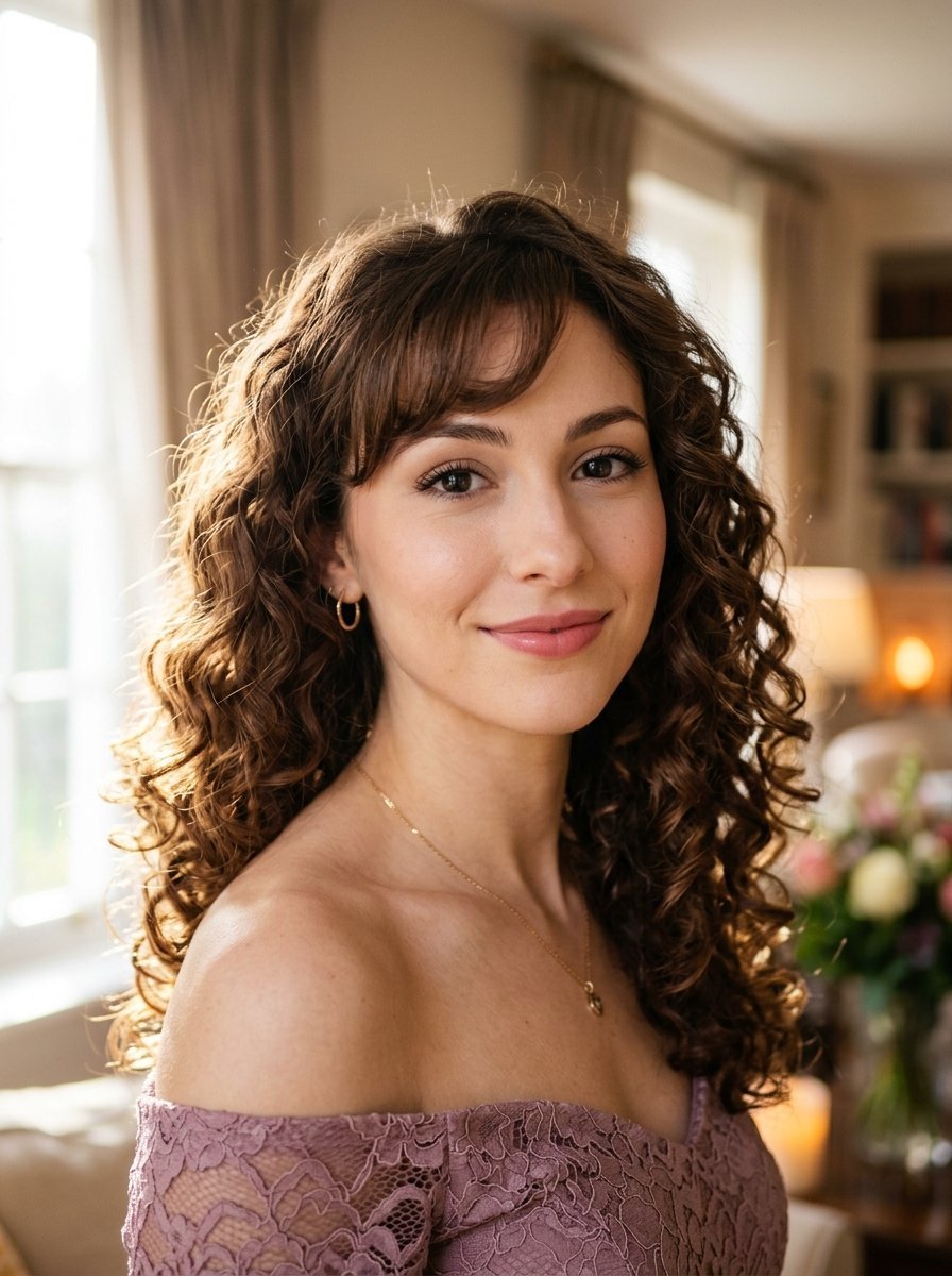 Portrait of a woman wearing a mauve lace off-the-shoulder top in a sunlit room.