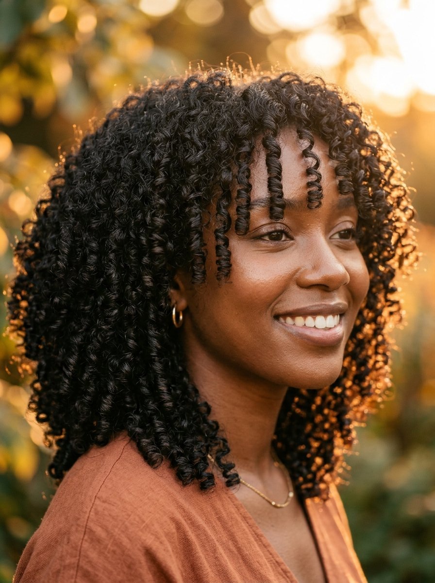 Close-up of a smiling Black woman with defined ringlets illuminated by warm golden hour sunlight.