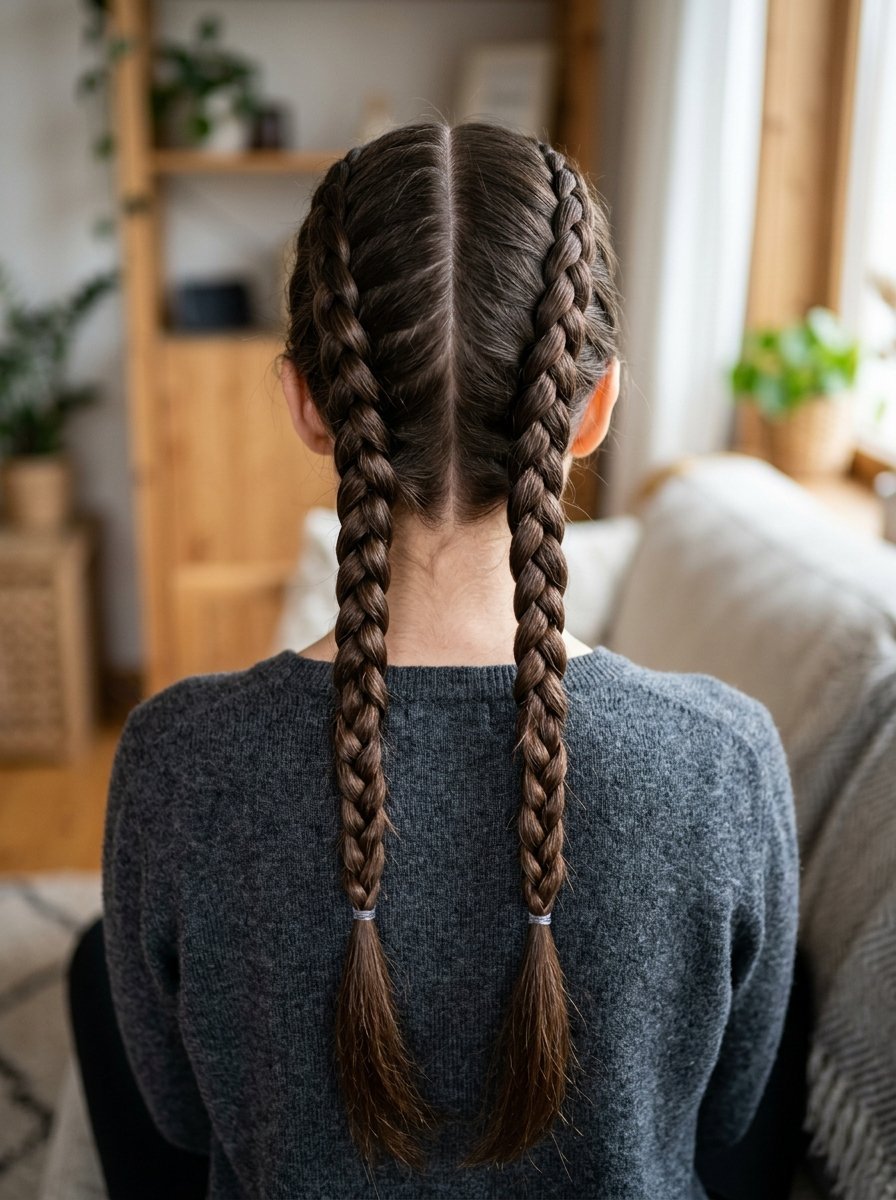 Close-up back view of a woman wearing her long brown hair styled in two symmetrical French plaits.