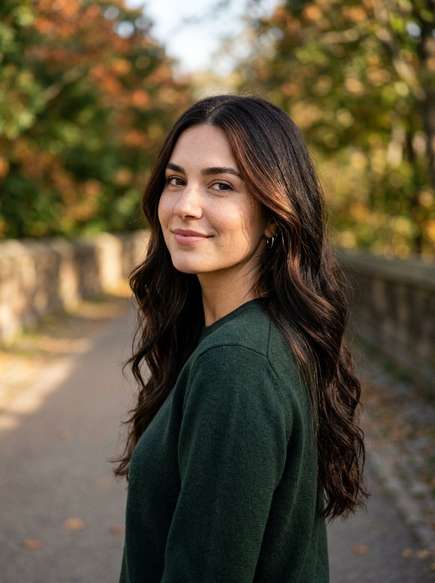 Portrait of a woman with brown wavy hair wearing a dark green sweater outdoors.