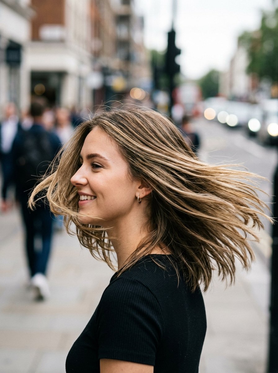 Profile view of a happy woman with shoulder length light brown hair flowing in the wind while walking in London.