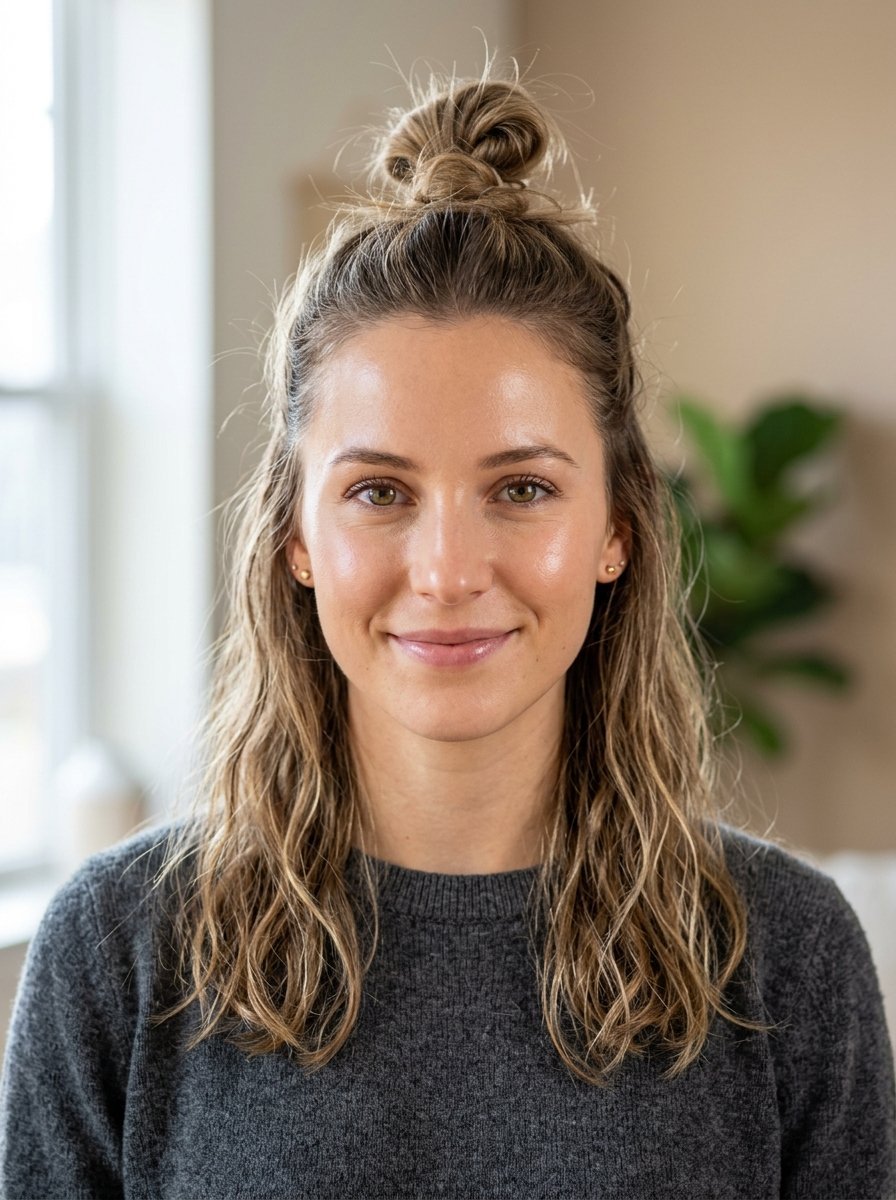 Portrait of a light-haired woman with a top knot hairstyle wearing a grey sweater indoors.