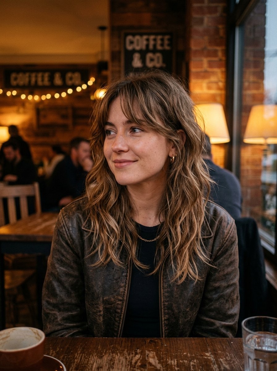 Woman with wavy hair and leather jacket sitting at a wooden cafe table with warm ambient lighting.