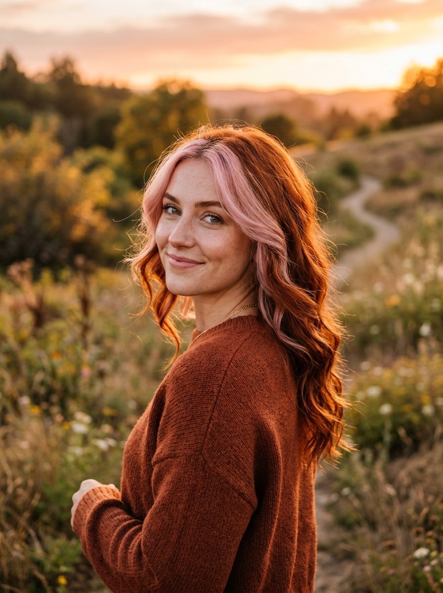 A person with wavy auburn hair and light pink face-framing highlights smiling in a field during golden hour.
