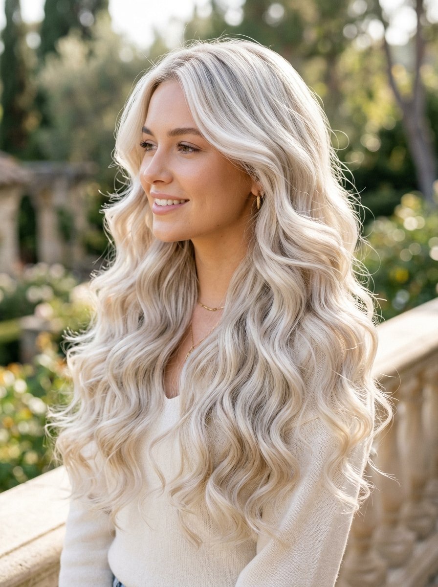 Side profile of a woman with voluminous blonde hair and soft curls wearing a white sweater outdoors.