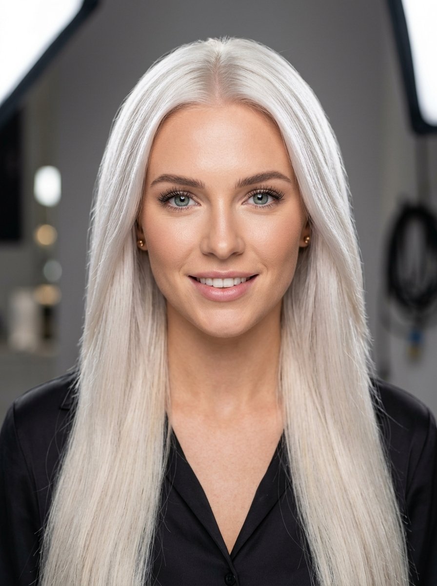 Portrait of a smiling young woman with center-parted long white hair wearing a black shirt in a studio.