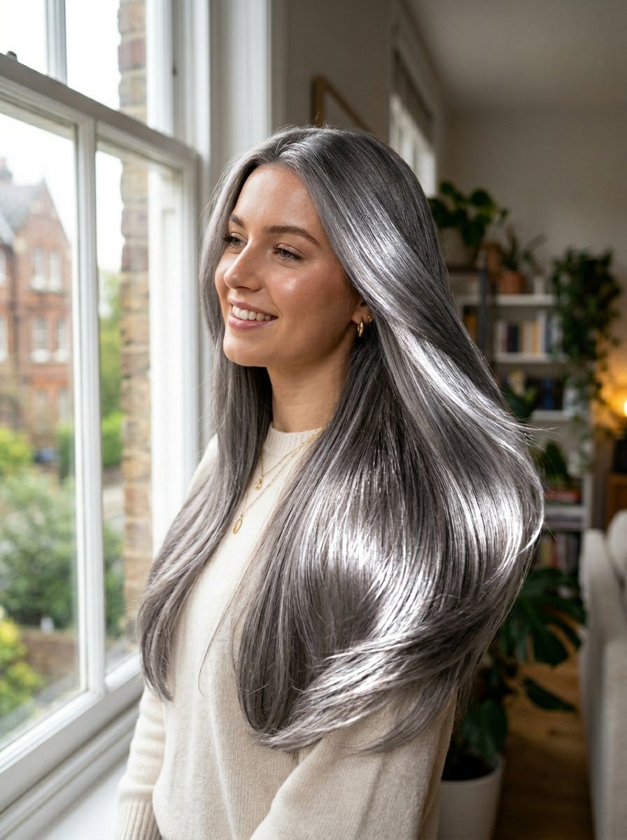 Profile view of a woman with long, vibrant silver hair standing in a bright room.