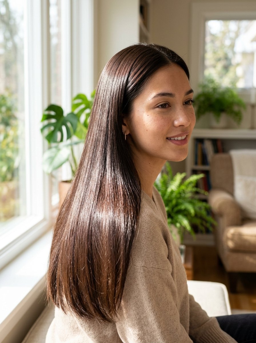 Profile view of a young woman with long straight brunette hair sitting near a window with house plants.