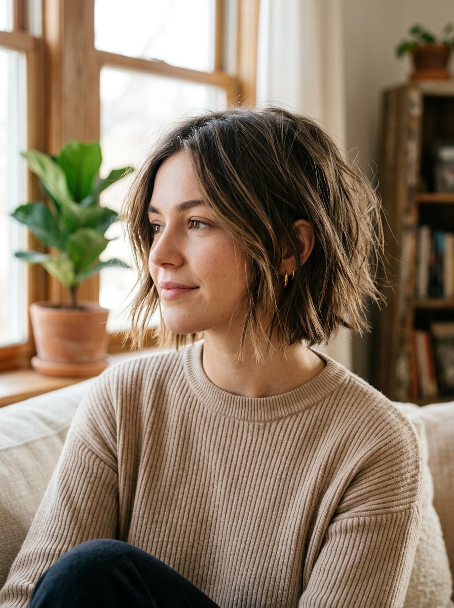 Portrait of a woman wearing a beige sweater with a short textured bob hairstyle sitting near a bright window.