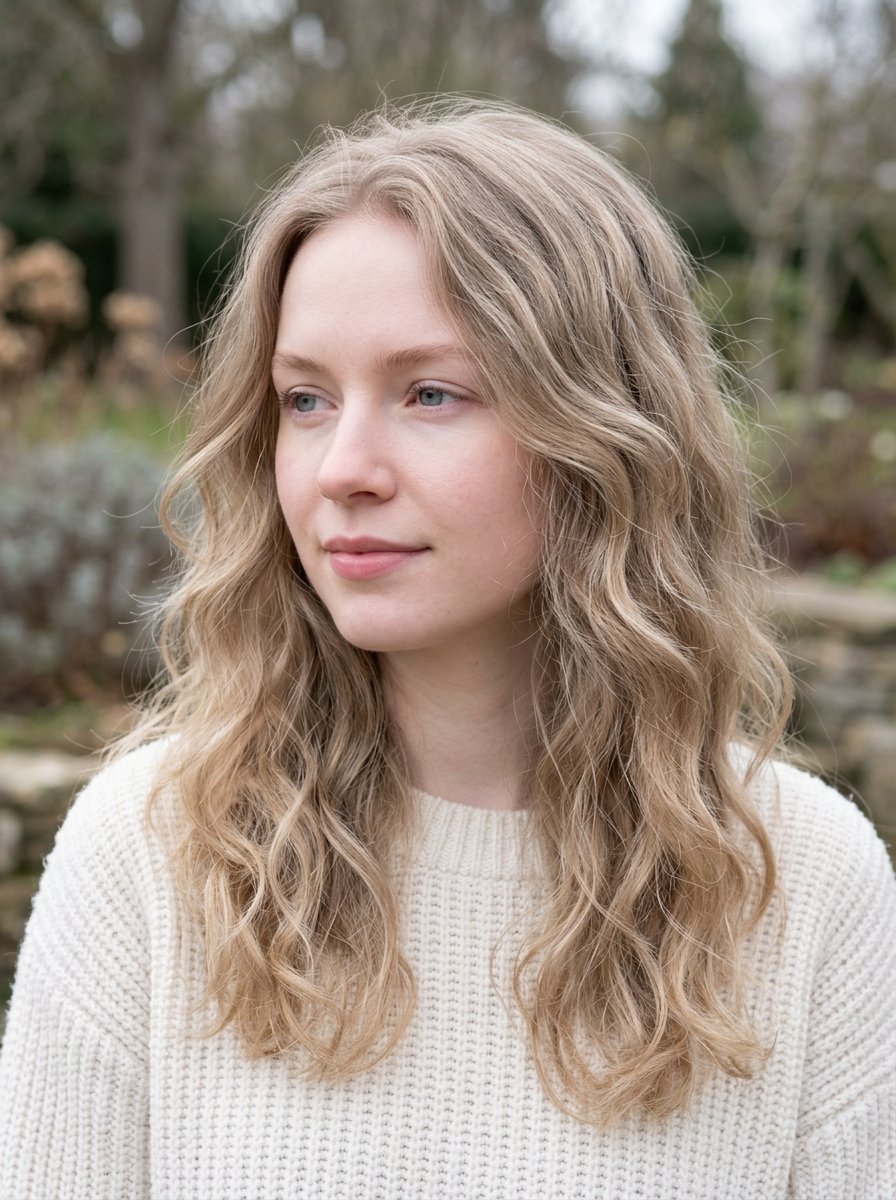 Portrait of a young woman with long wavy blonde hair and a cream sweater looking off into the distance.
