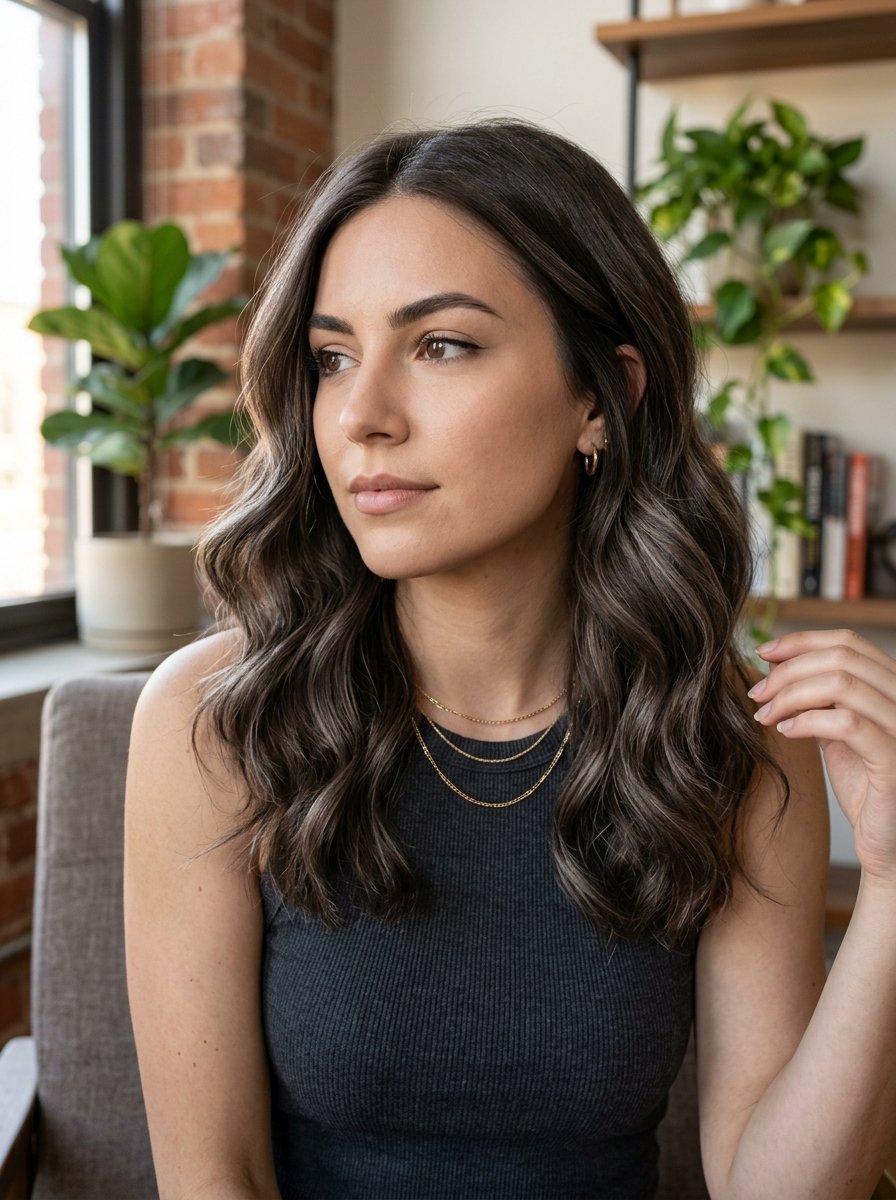Close-up of a brunette woman with soft waves, wearing a dark ribbed tank top and gold jewelry in an office setting.