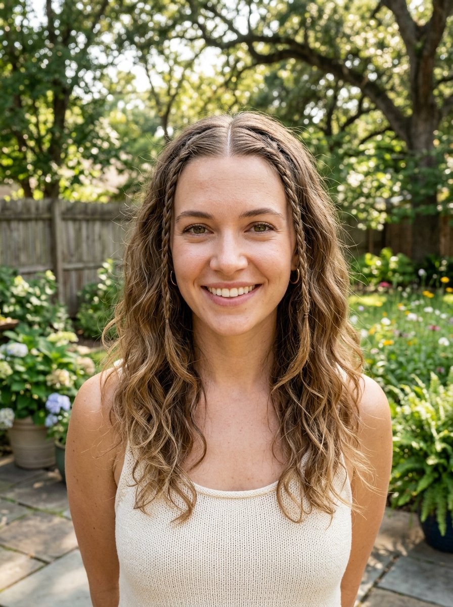 Portrait of a smiling woman outdoors wearing a beige tank top with two small braids framing her face.