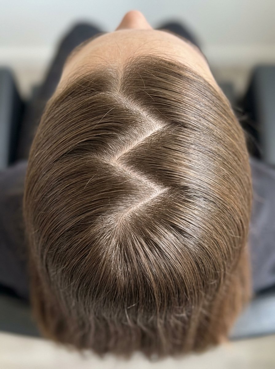 Top-down view of a woman's head showing a clean, defined zigzag part in her smooth brown hair.