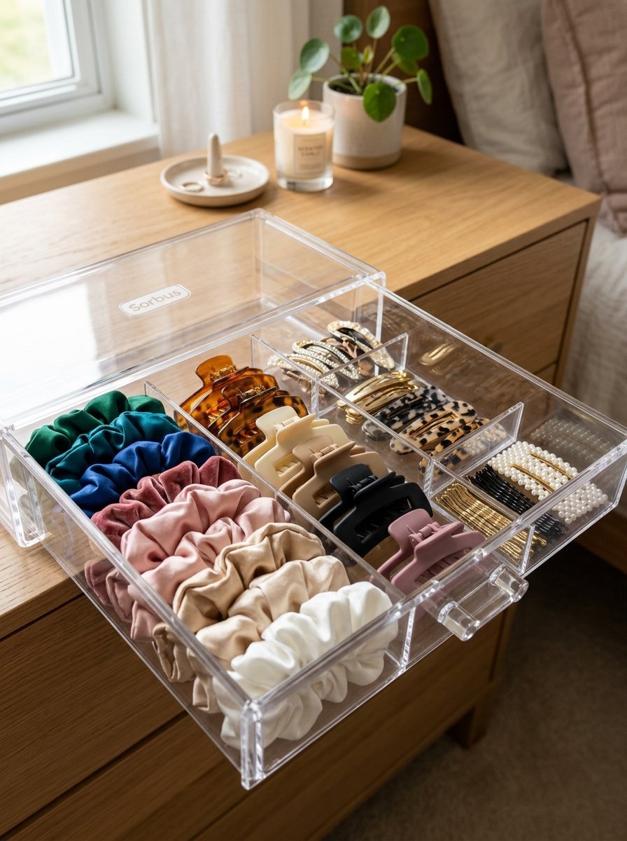 Transparent plastic tray holding organized rows of velvet scrunchies, plastic hair claws, and decorative barrettes.