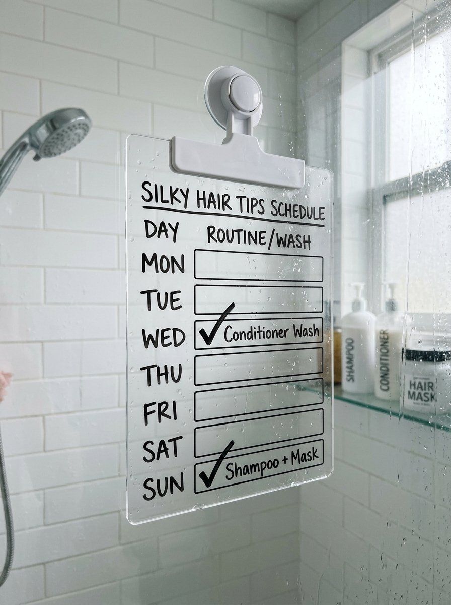 Transparent hanging shower board displaying a weekly schedule for hair washing and conditioning treatments.
