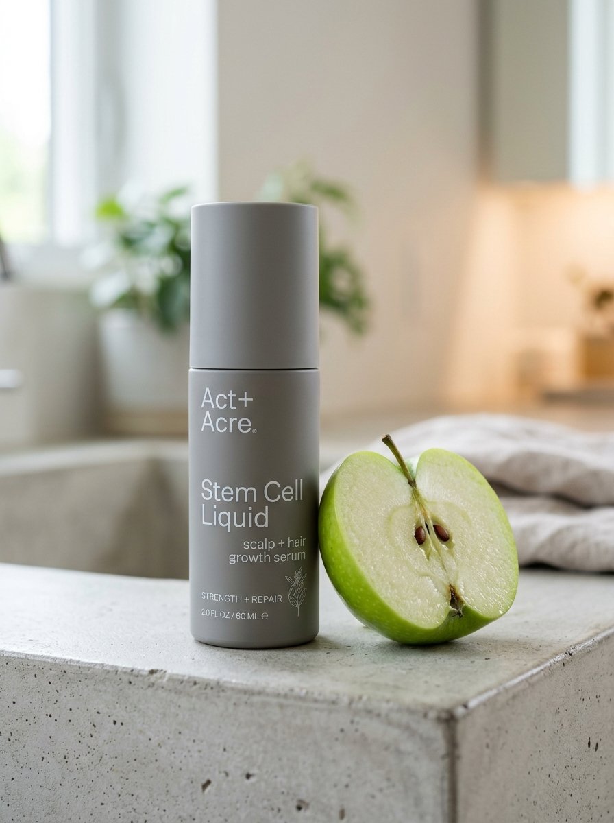 A bottle of Act+Acre hair growth serum resting next to a sliced green apple on a stone counter.