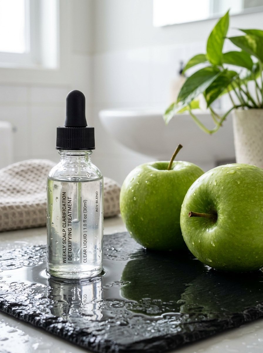 A bottle of clarifying scalp serum sits next to two fresh green apples on a water-drenched stone surface.