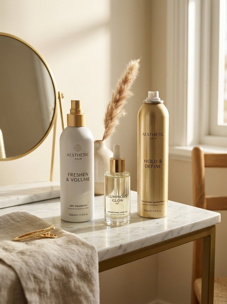 Dry shampoo, hair oil, and hairspray bottles sitting on a marble table with a mirror and pampas grass.