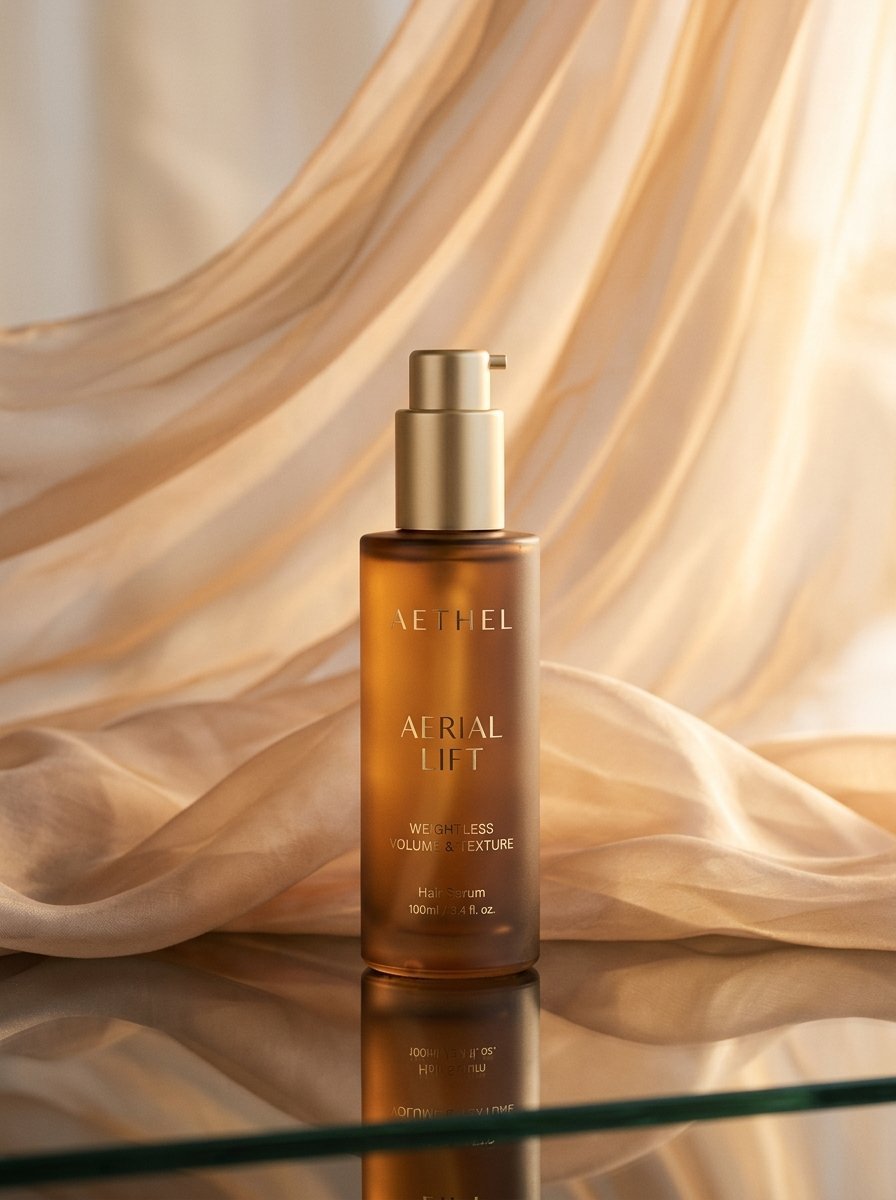 Amber glass bottle of Aethel hair serum with gold pump standing before draped champagne colored silk fabric.